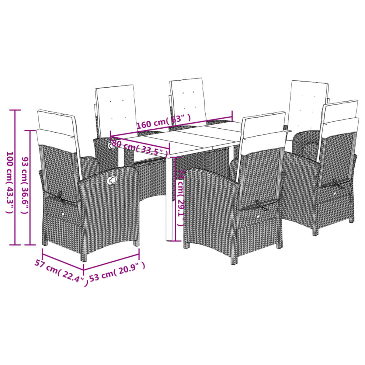 Ein Rattan-Ess-Set mit einem rechteckigen Tisch und sechs Stühlen. Abmessungen sind markiert. Die Stühle haben weiße Kissen.