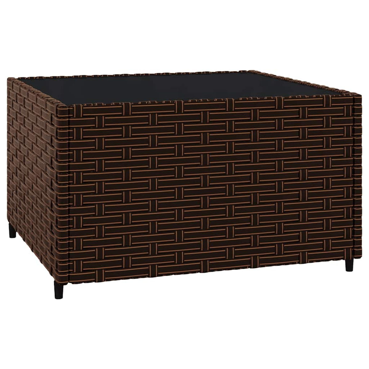 Ein brauner Korbtisch mit dunkler Glasplatte. Der Tisch hat eine rechteckige Form und schwarze Beine.