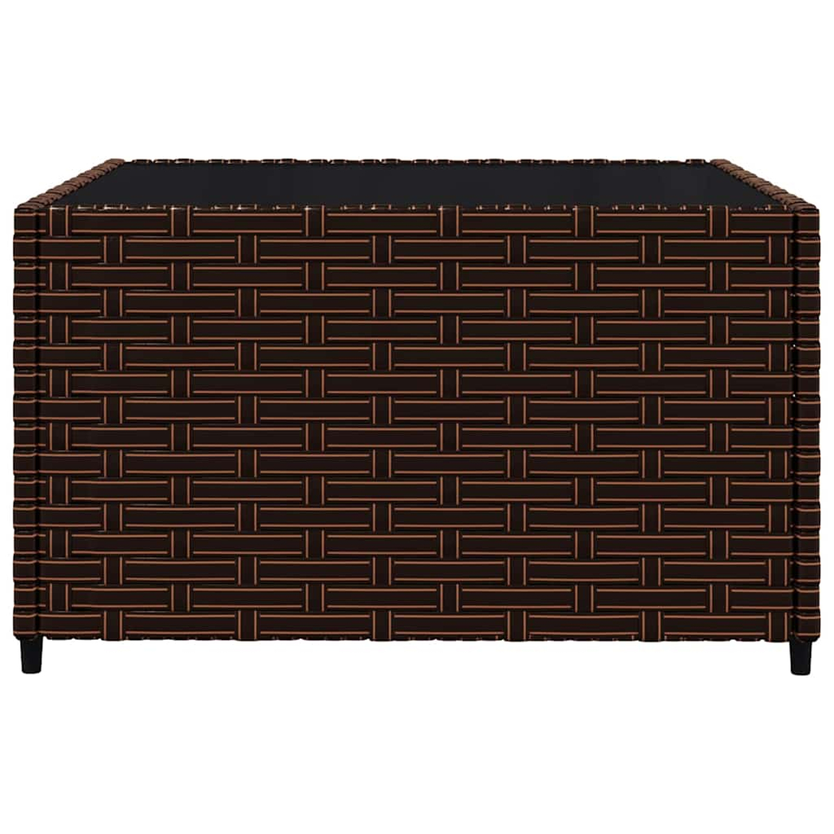 Eine rechteckige, braun gewebte Outdoor-Aufbewahrungsbox aus Korbgeflecht mit schwarzer Oberseite und kleinen schwarzen Beinen auf weißem Hintergrund.