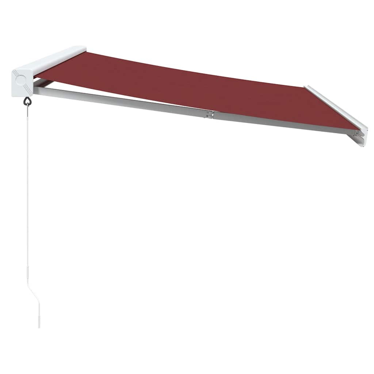 Una tenda da sole è estesa, con tessuto bordeaux e telaio bianco. Un cavo bianco pende.