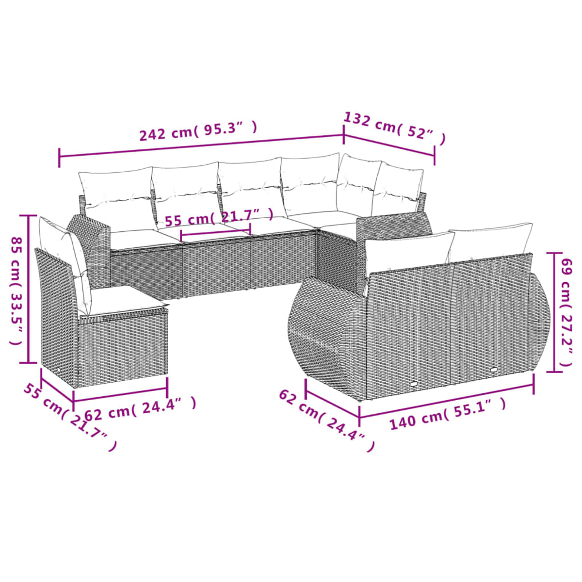 Geflochtenes Outdoor-Sofa-Set mit Abmessungen in Zentimetern und Zoll. Es umfasst ein Sofa, ein Loveseat und einen Einzelstuhl.