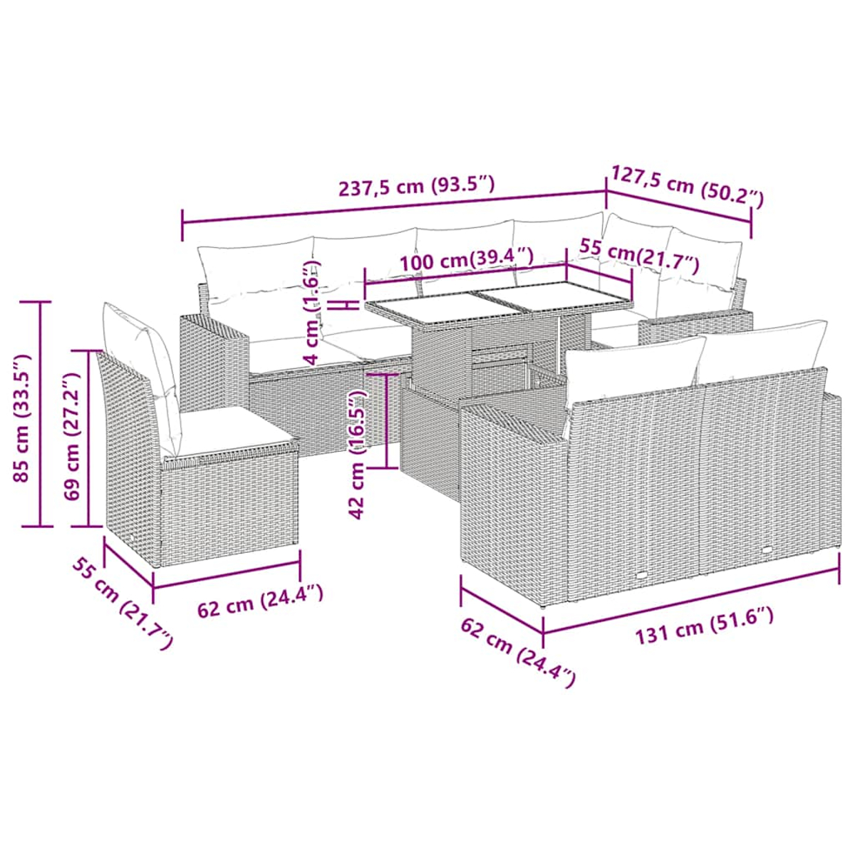 Un diagramma mostra un set da patio in rattan con dimensioni. Include un divano, sedie e un tavolo, con misure in cm e pollici.