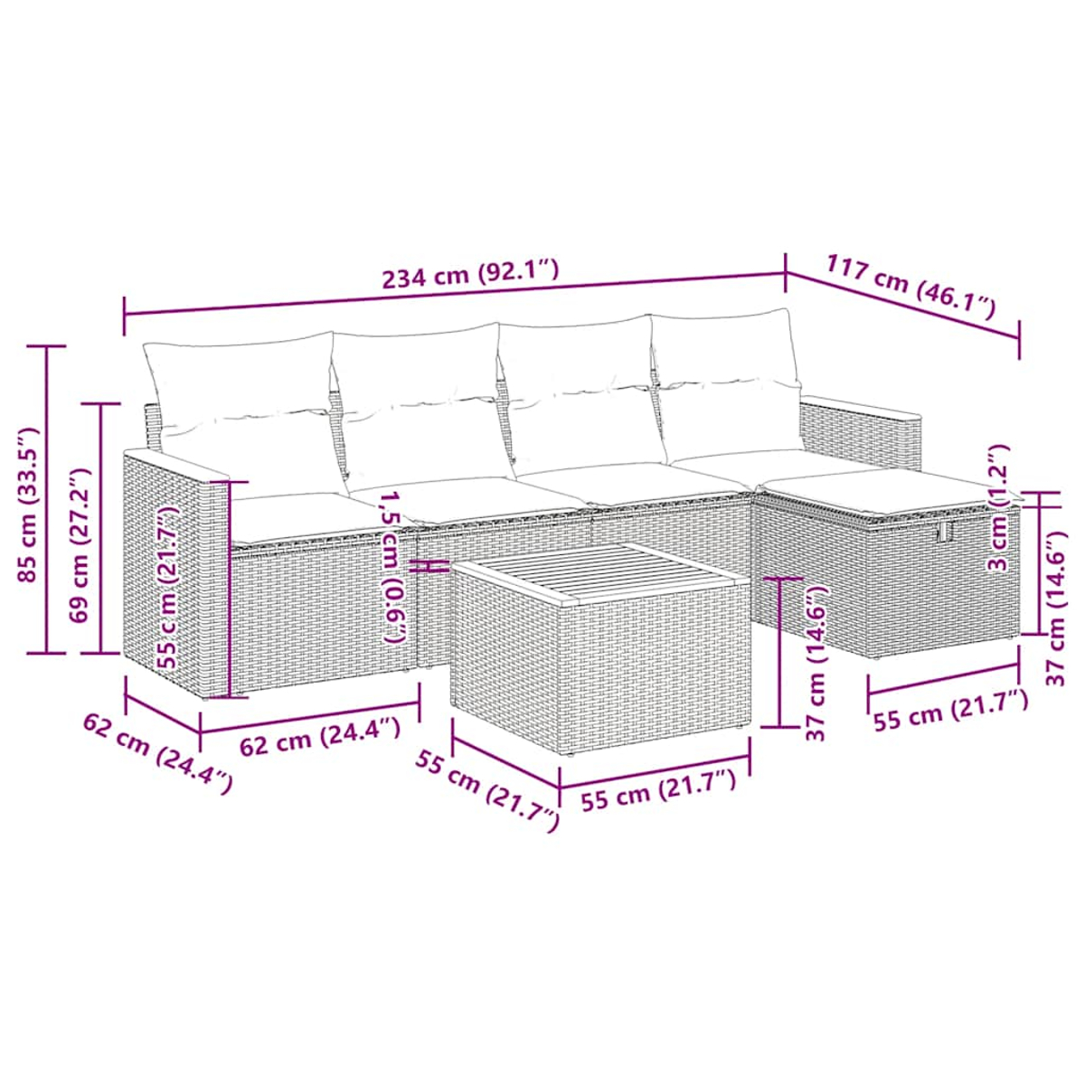 Ein Outdoor-Sofa und ein Tisch aus Korbgeflecht werden mit Abmessungen gezeigt. Das Sofa hat Kissen. Die Maße sind in Zentimetern und Zoll angegeben.