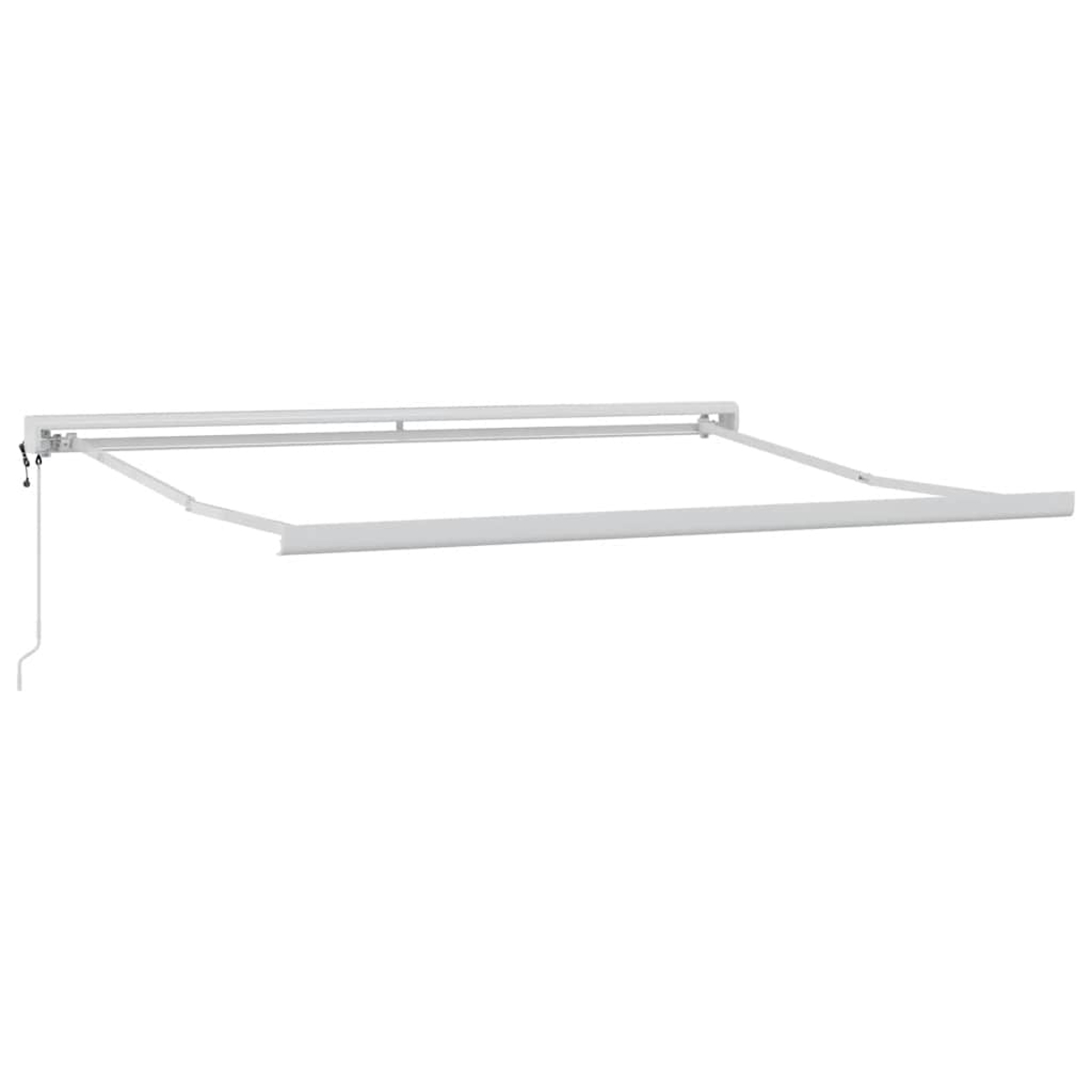 Una tenda da sole bianca retrattile è estesa su uno sfondo bianco. Ha una forma rettangolare ed è attaccata a un muro.