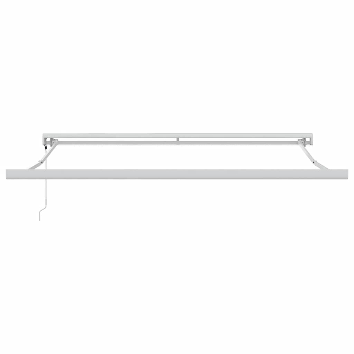 Un apparecchio di illuminazione lineare bianco è sospeso su uno sfondo bianco. Un cavo pende dall'apparecchio. L'apparecchio ha un design minimalista.
