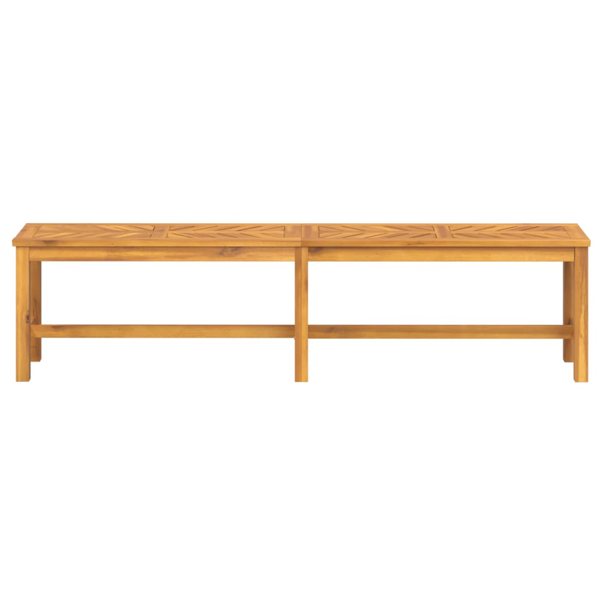 Eine lange Holzbank. Die Bank hat eine hellbraune Farbe. Sie ist aus Holz. Der Hintergrund ist weiß.