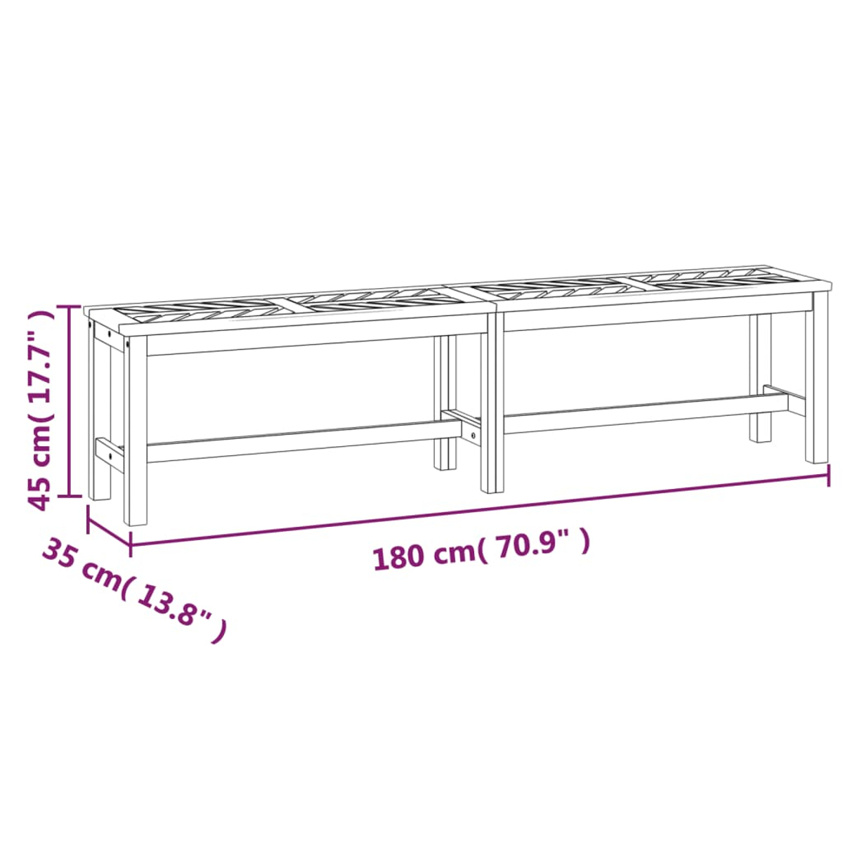 Eine Holzbank mit den Abmessungen: 180 cm (70,9 Zoll) lang, 45 cm (17,7 Zoll) hoch und 35 cm (13,8 Zoll) breit, mit Maßangaben.