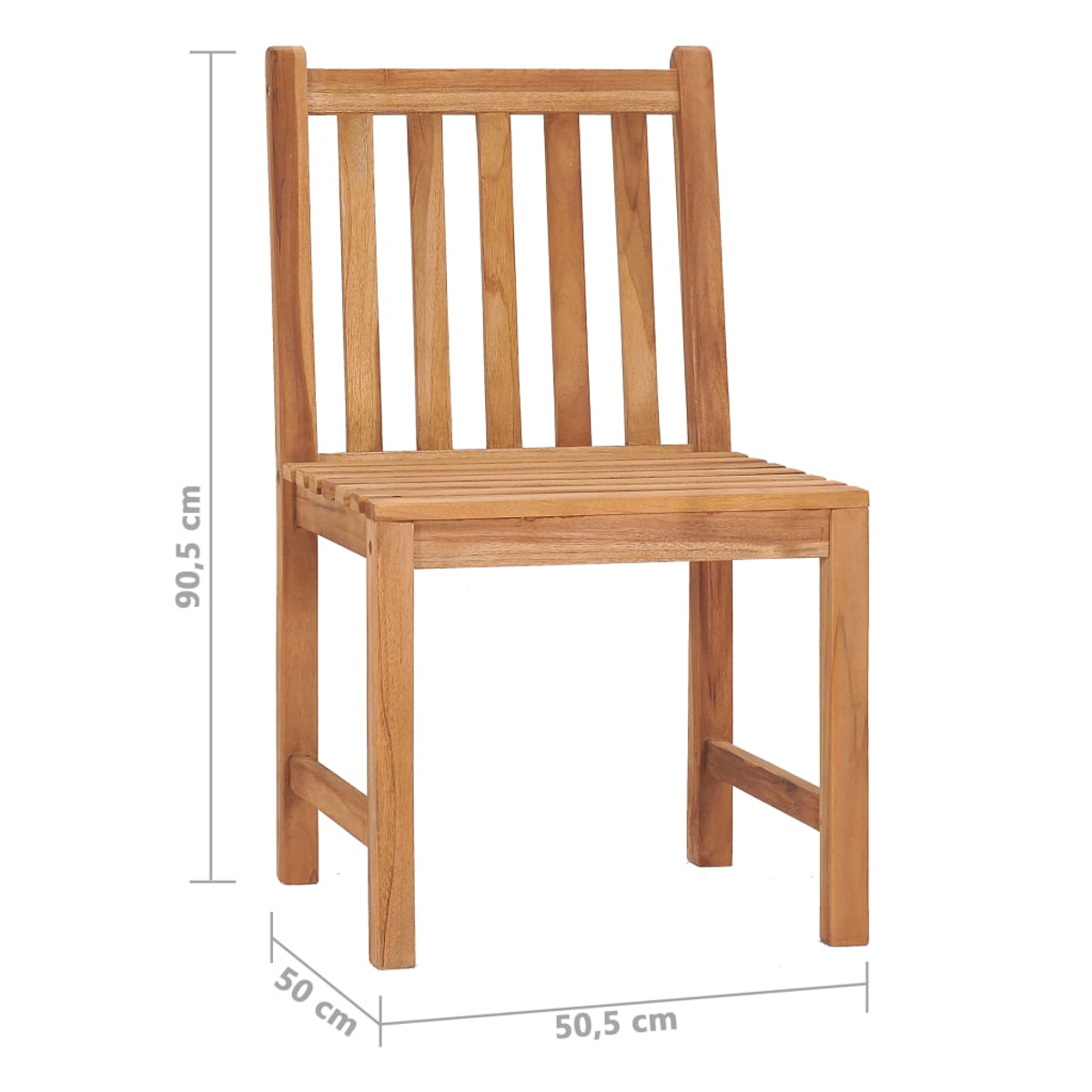 Ein Holzstuhl mit Lattenrücken und -sitz. Die Maße sind angegeben: 90,5 cm hoch, 50 cm breit und 50,5 cm tief.