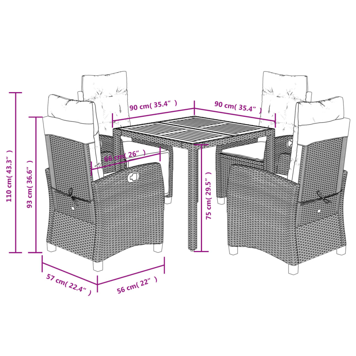 Geflochtenes Terrassenset mit quadratischem Tisch und vier Stühlen. Abmessungen sind in Zentimetern und Zoll angegeben.