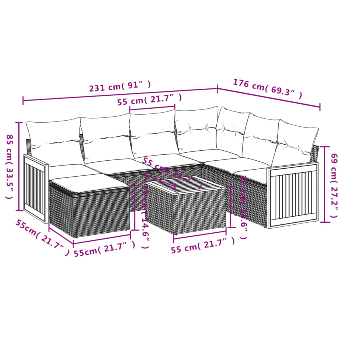 Outdoor-Sofa-Set mit Maßangaben. Es hat Kissen, einen Couchtisch und ein rattanähnliches Design.