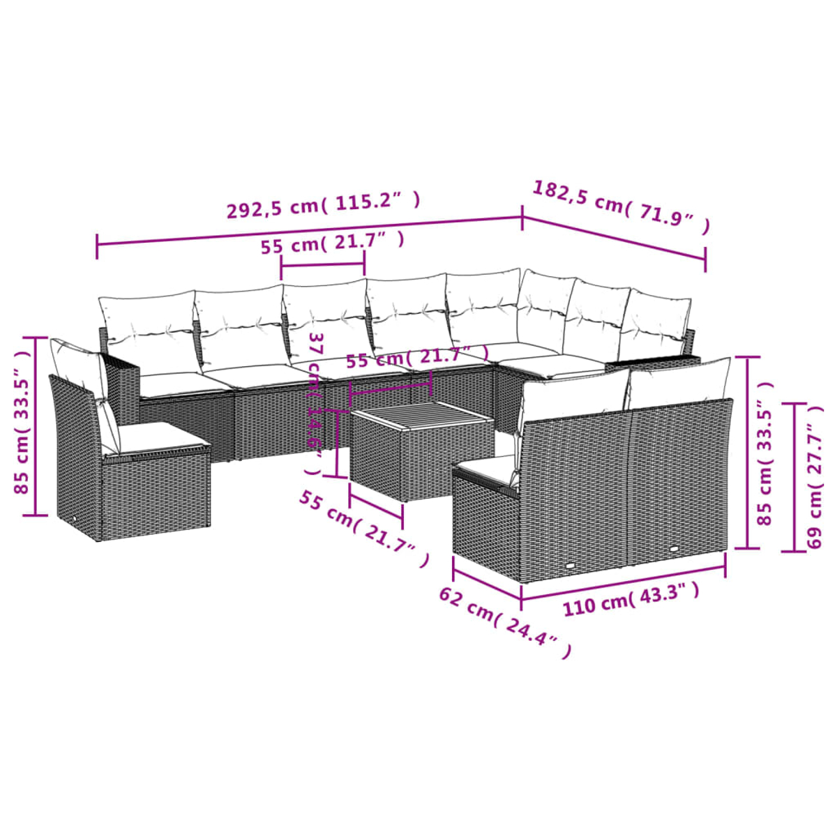 Diagramm eines Rattan-Ecksofas mit Maßangaben in cm und Zoll. Beinhaltet einen Tisch.