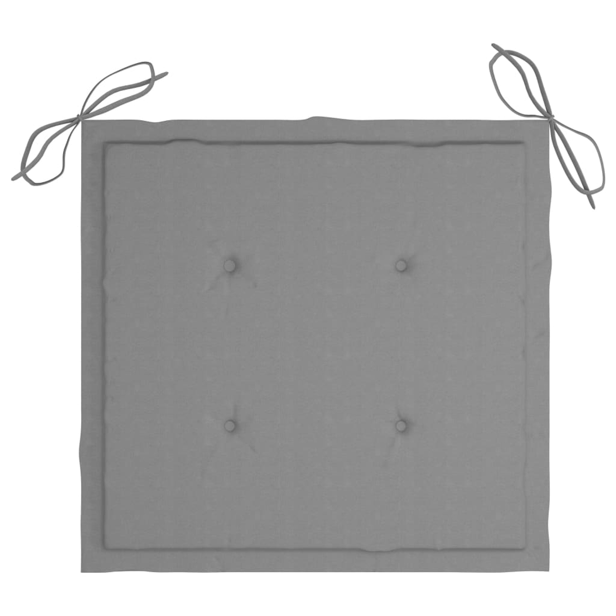 Ein quadratisches graues Kissen mit vier Knopfdetails. Es hat Bindungen an den oberen Ecken.
