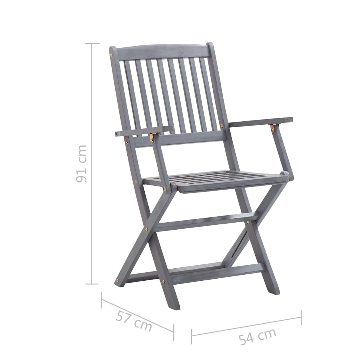 Ein grauer Holzklappstuhl. Maße sind 91 cm hoch, 57 cm breit und 54 cm tief. Der Stuhl steht auf weißem Hintergrund.