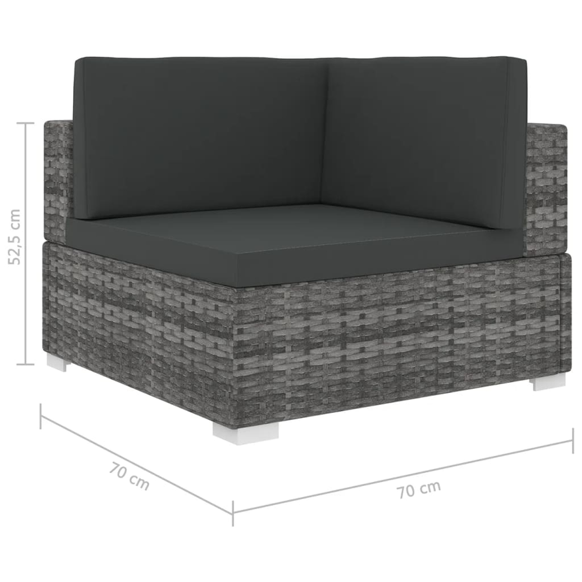 Ecksofa für drau ßen mit grauem Weidengeflecht, dunkelgrauen Kissen und weißen Füßen. Abmessungen sind angegeben.