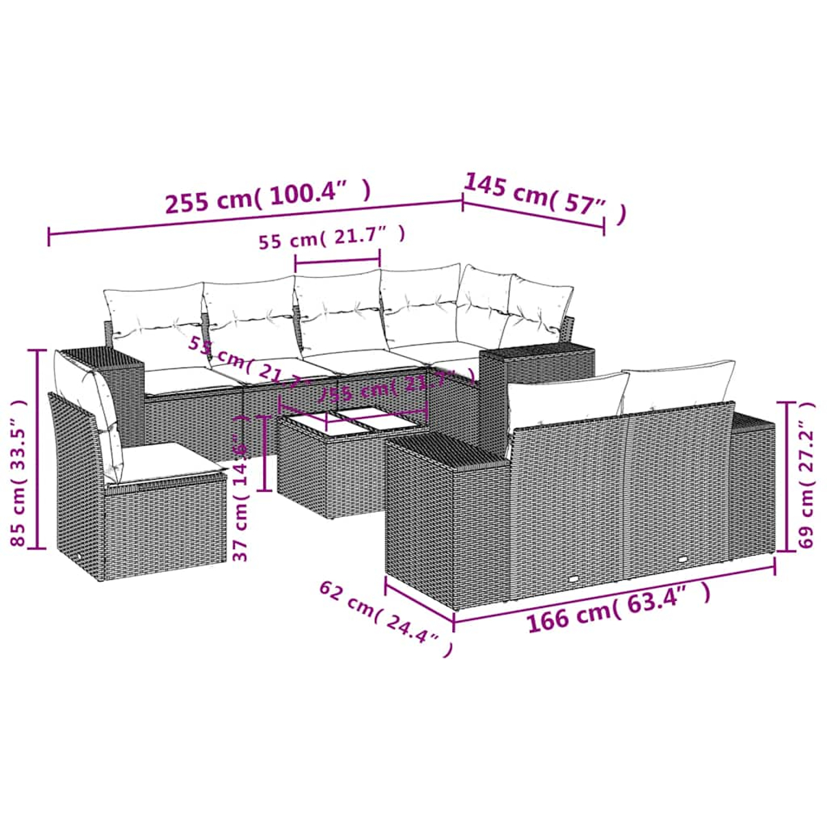 Un set di mobili da esterno in vimini con dimensioni etichettate. Include un divano, sedie e un tavolo, tutti con cuscini bianchi.