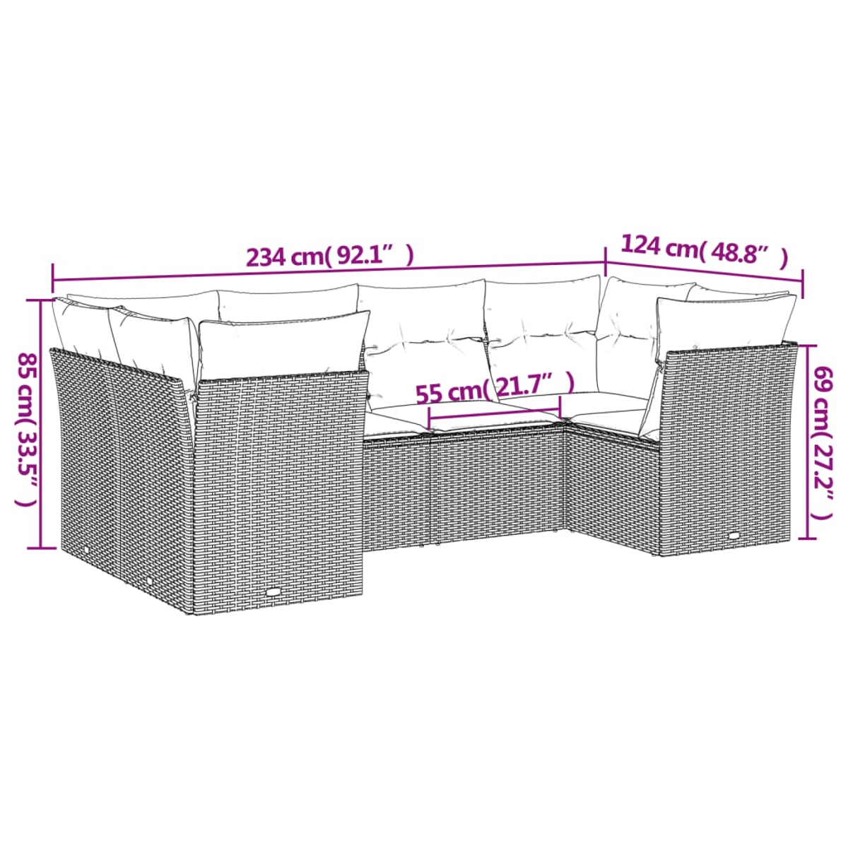 Un divano a U in rattan con cuscini è mostrato. Le dimensioni sono indicate: 234 cm, 124 cm, 85 cm, 55 cm e 69 cm. Il divano è su sfondo bianco.