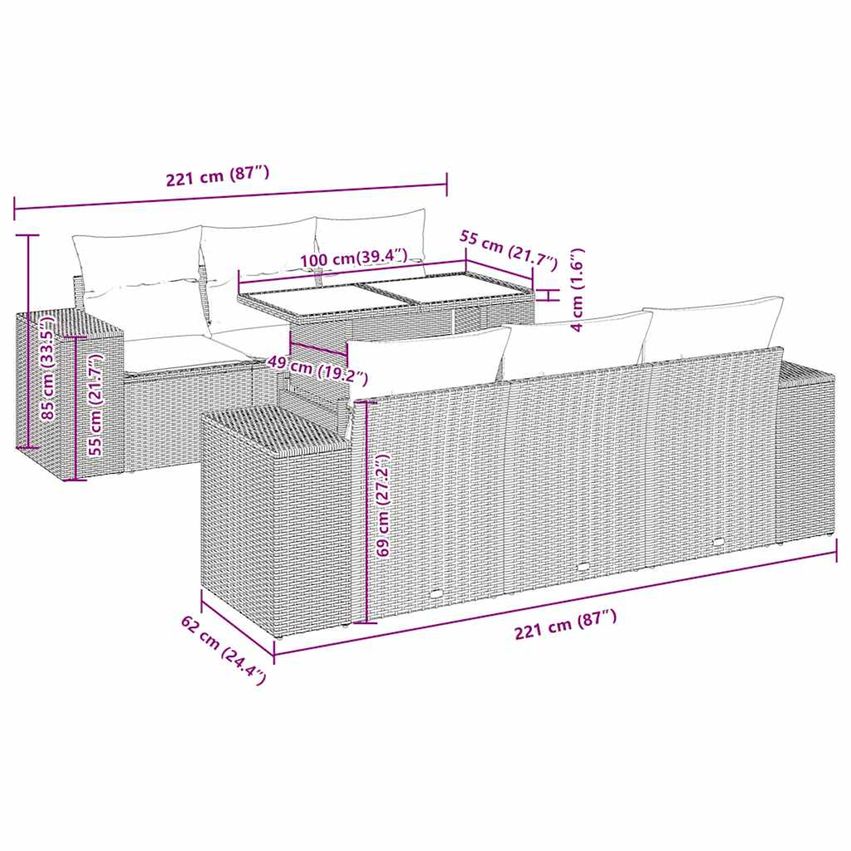 Un diagramma mostra mobili da esterno. Include un divano, un tavolo e un tavolino. Le dimensioni sono fornite in cm e pollici.