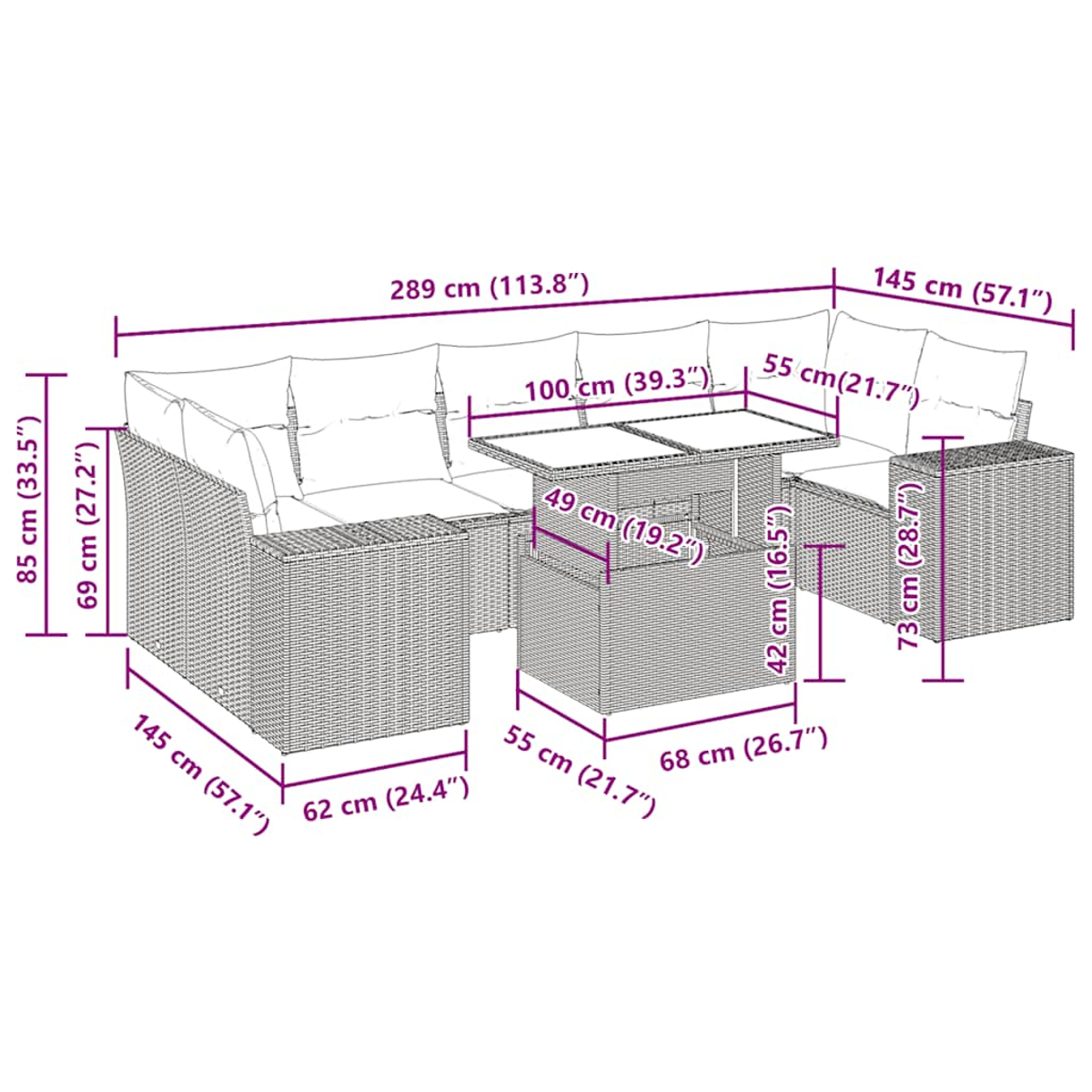 Set di mobili da esterno in vimini, dimensioni etichettate. Include divano, tavolo e sedute. Le misure in cm e pollici sono visualizzate.