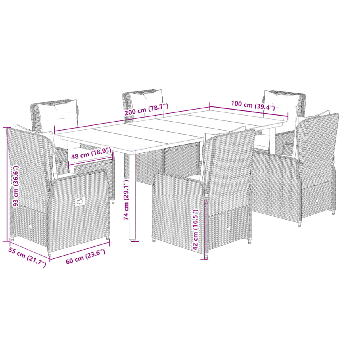 Ein weißer rechteckiger Tisch mit sechs Korbstühlen. Abmessungen sind beschriftet: Tisch, 200x100cm, Stühle, 55x60x93cm.