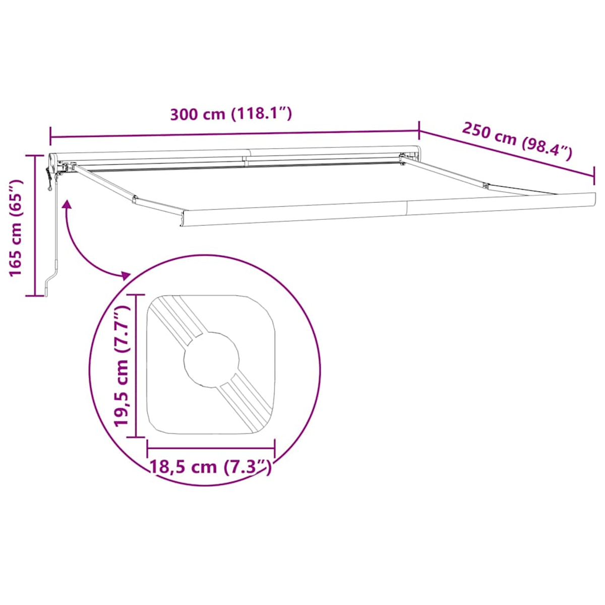 Un diagramma mostra una tenda da sole con dimensioni. La tenda da sole è larga 300 cm e profonda 250 cm. Una vista dettagliata mostra una base.