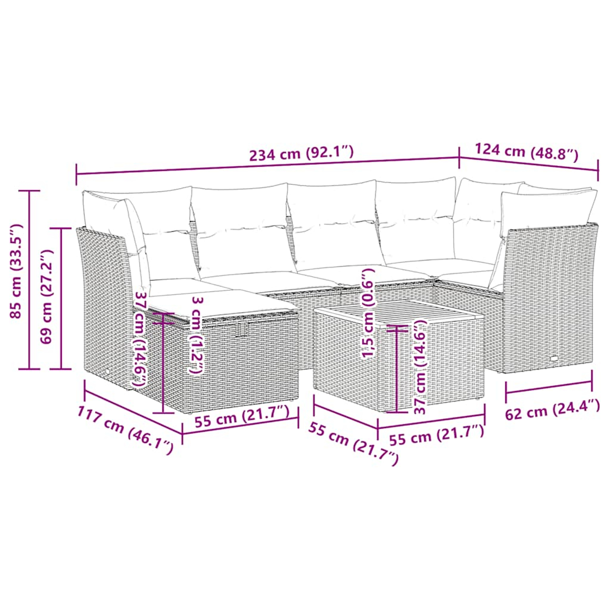 Diagramm eines Ecksofas aus Korbgeflecht für den Außenbereich mit Abmessungen. Es enthält ein Eckteil und einen kleinen Tisch.