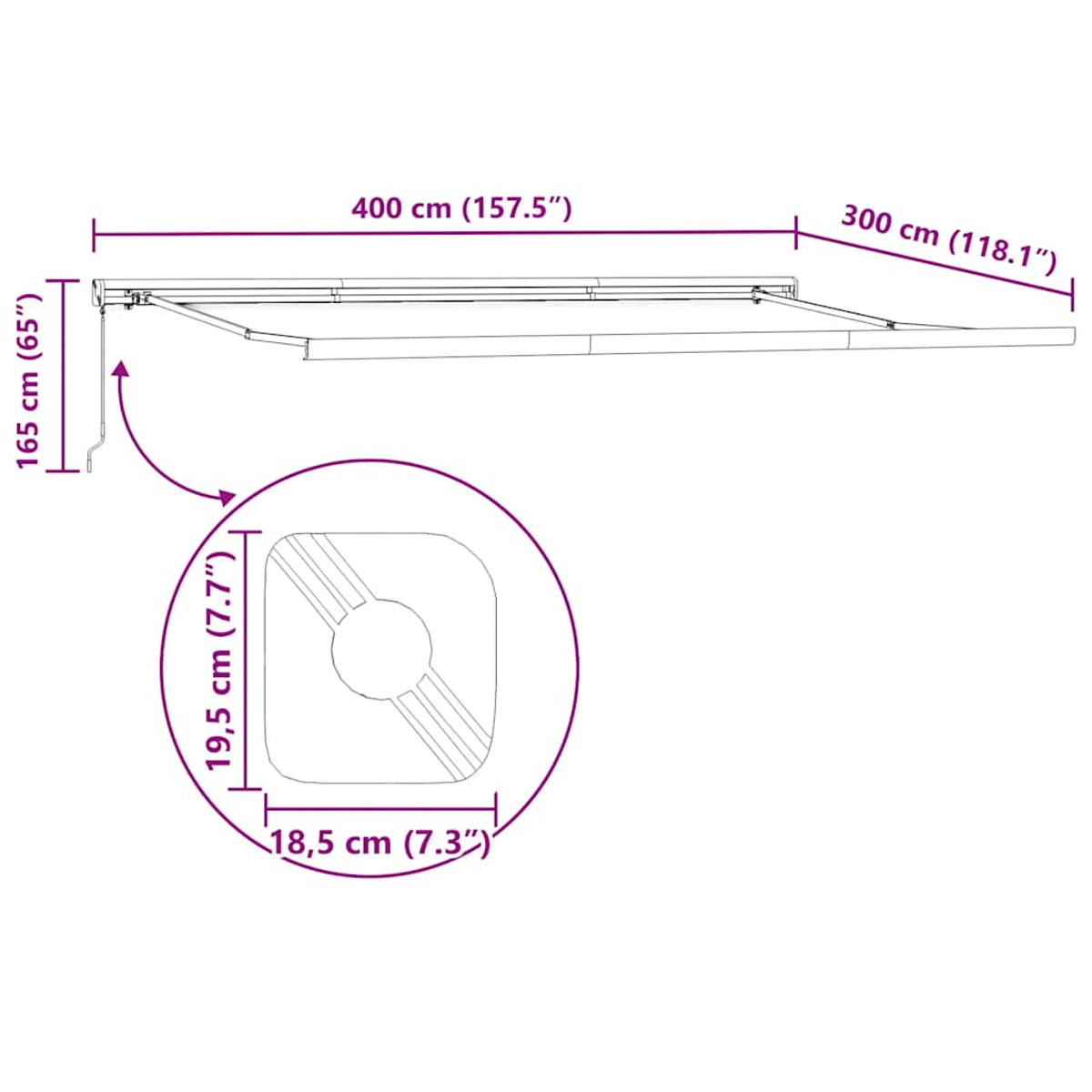 Diagramm eines Markisen mit Abmessungen in cm und Zoll. Enthält Details eines Sockels mit Messungen.