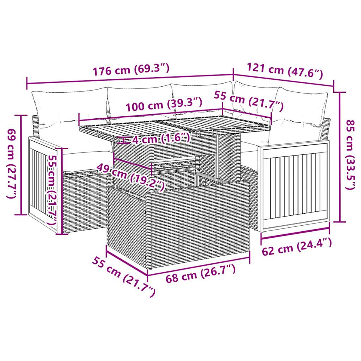 Un set da patio in vimini con cuscini. Le dimensioni sono indicate in centimetri e pollici.