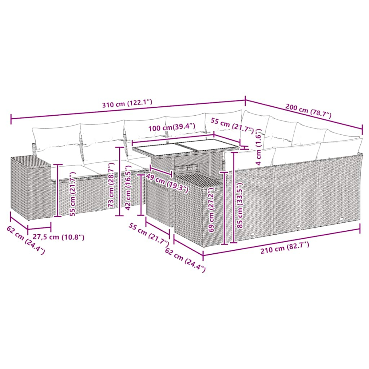 Set di mobili da patio in vimini con dimensioni in centimetri e pollici. Include divano, tavolo e cuscini.