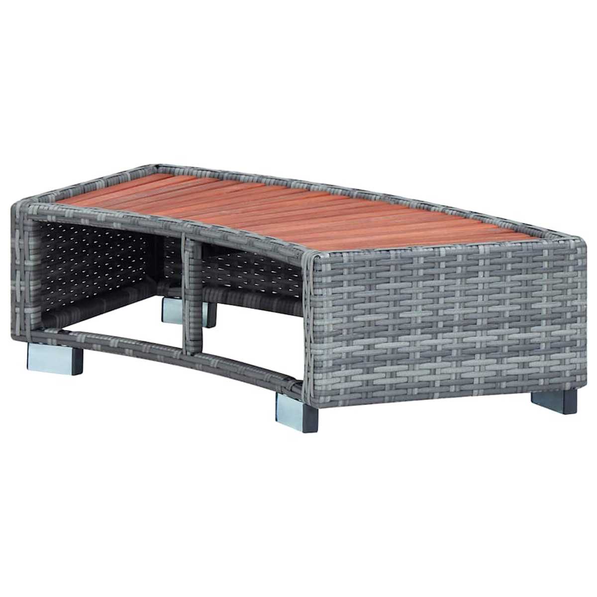 Ein rechteckiger Outdoor-Couchtisch. Er hat einen grauen, gewebten Rahmen und eine braune Holzplatte. Der Tisch steht auf quadratischen Beinen.