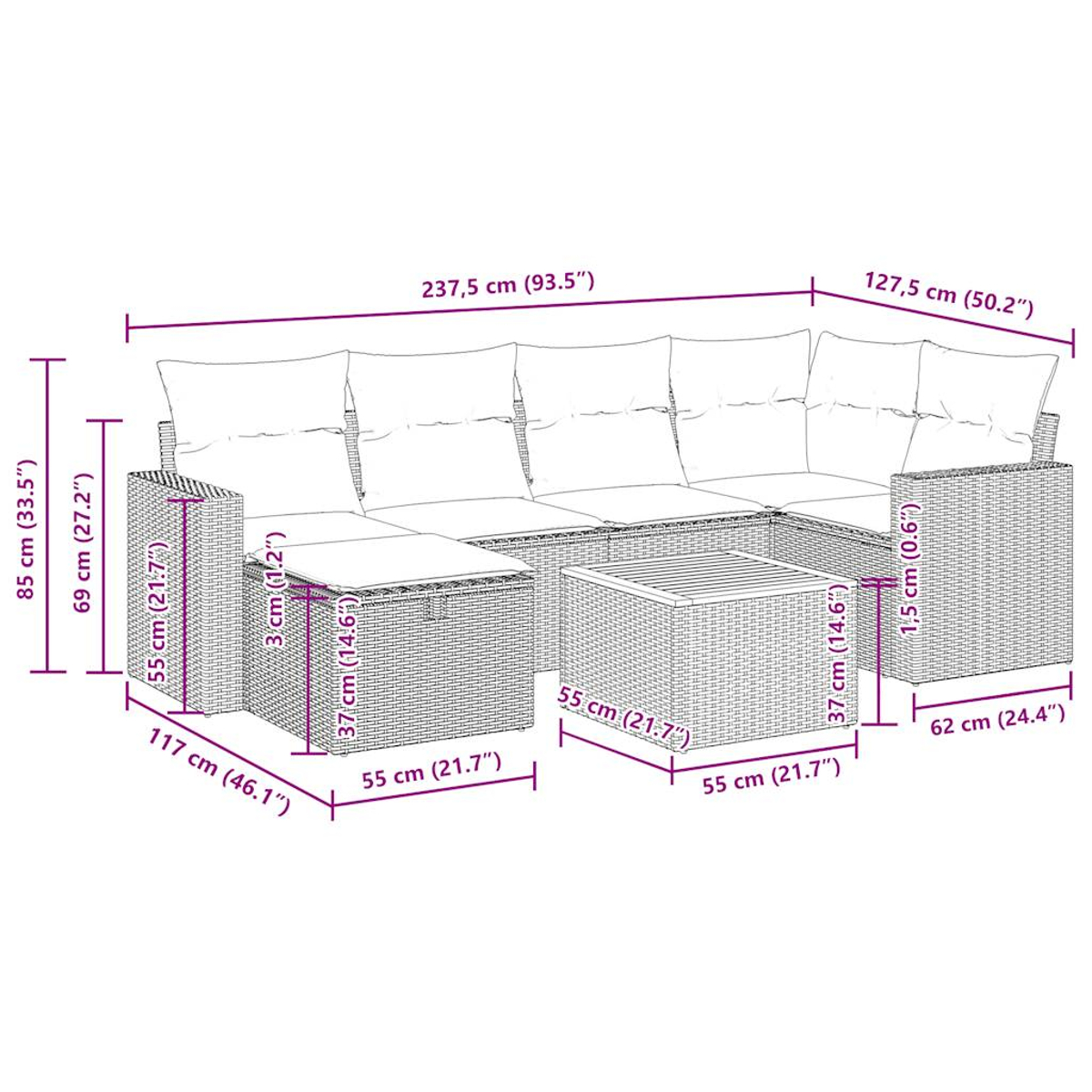 Ein Sofa im Korbstil mit Kissen, einem Tisch und beschrifteten Abmessungen. Die Maße sind in cm und Zoll angegeben.