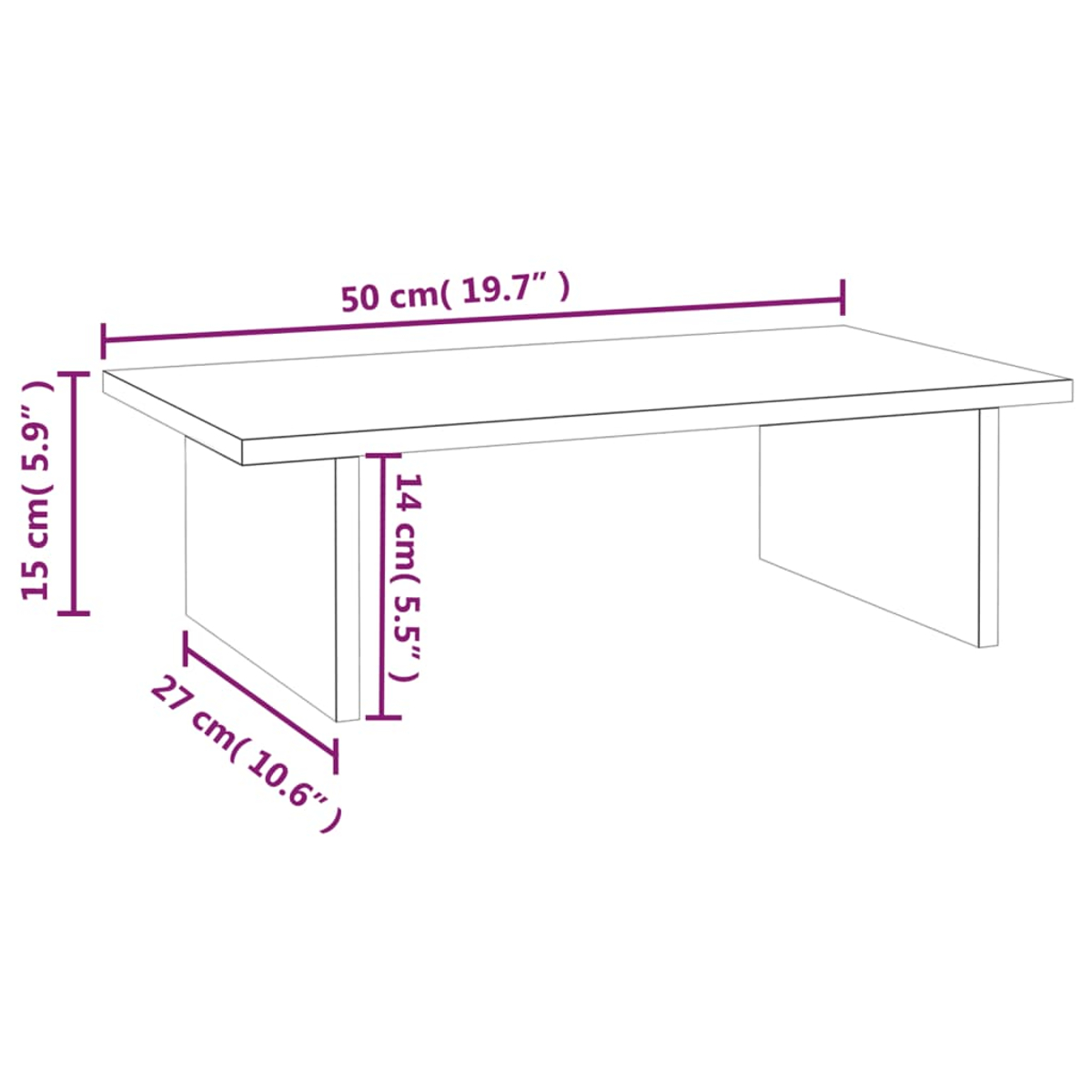 Umriss eines weißen Couchtisches mit Maßen. Er ist 50 cm lang, 15 cm hoch und 27 cm tief. Die Beine sind 14 cm hoch.