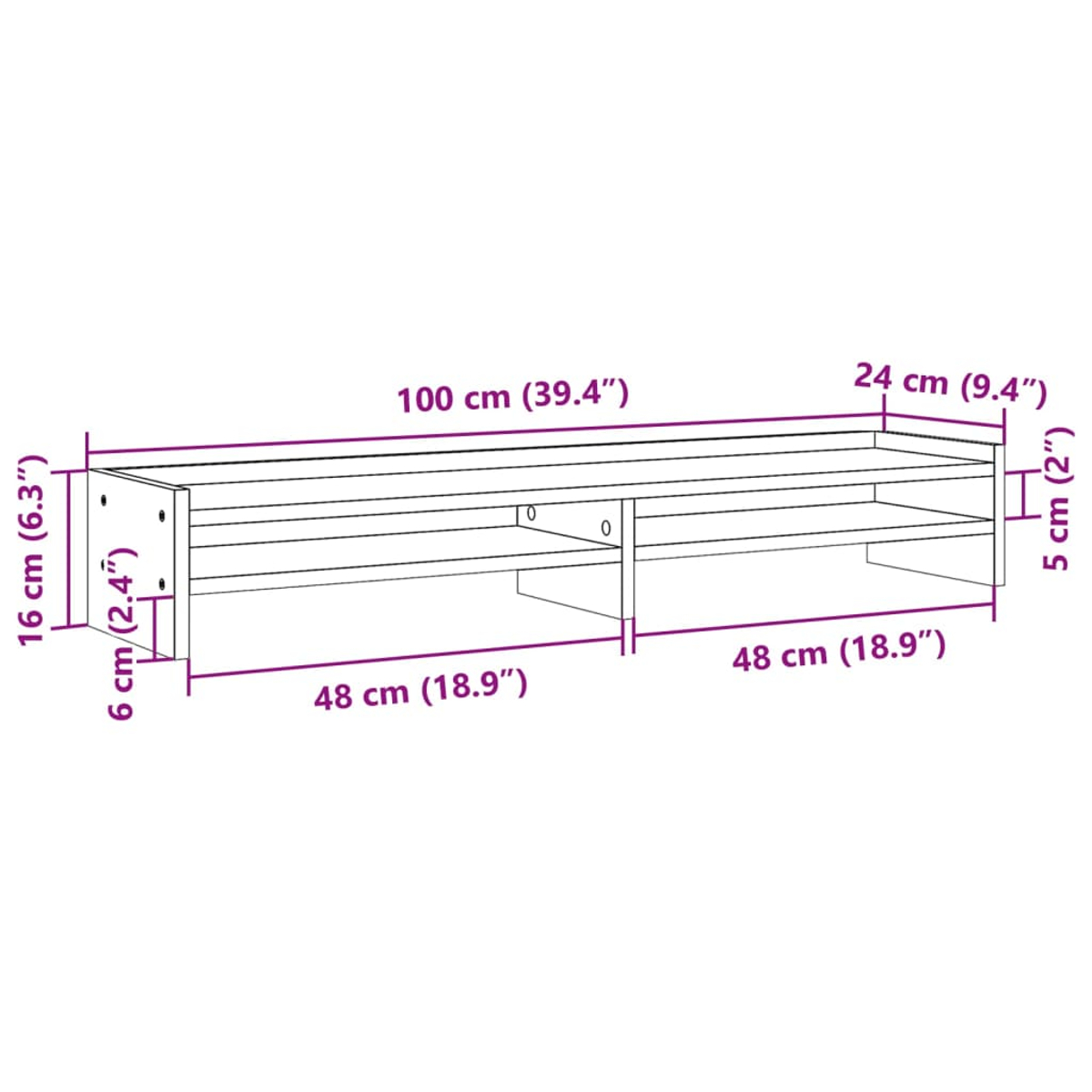 Ein Diagramm zeigt ein Holzregal mit Abmessungen in cm und Zoll. Es hat zwei Regale und eine Mittelstütze.