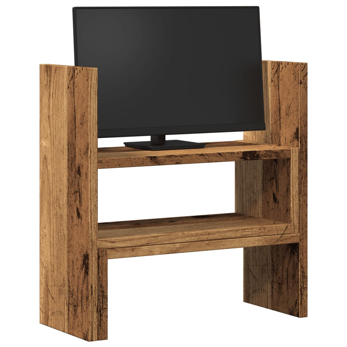 Ein TV-Ständer aus Holz mit einem schwarzen Bildschirm-TV. Der Ständer hat zwei Regale. Der Hintergrund ist weiß.