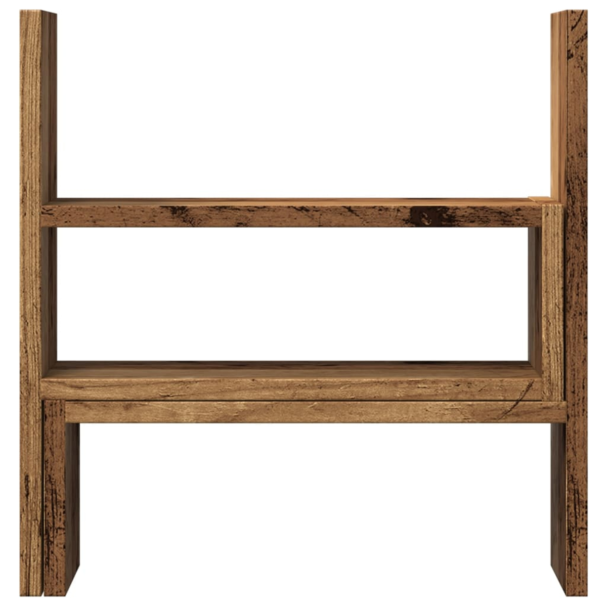 Ein Holzregal mit drei Ebenen. Das Regal ist braun, mit einer natürlichen Holzmaserung. Der Hintergrund ist weiß.