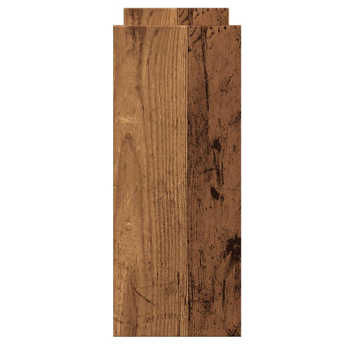 Holzbretter in Brauntönen mit sichtbarer Holzmaserung und dunklen Flecken, vertikal vor weißem Hintergrund angeordnet.