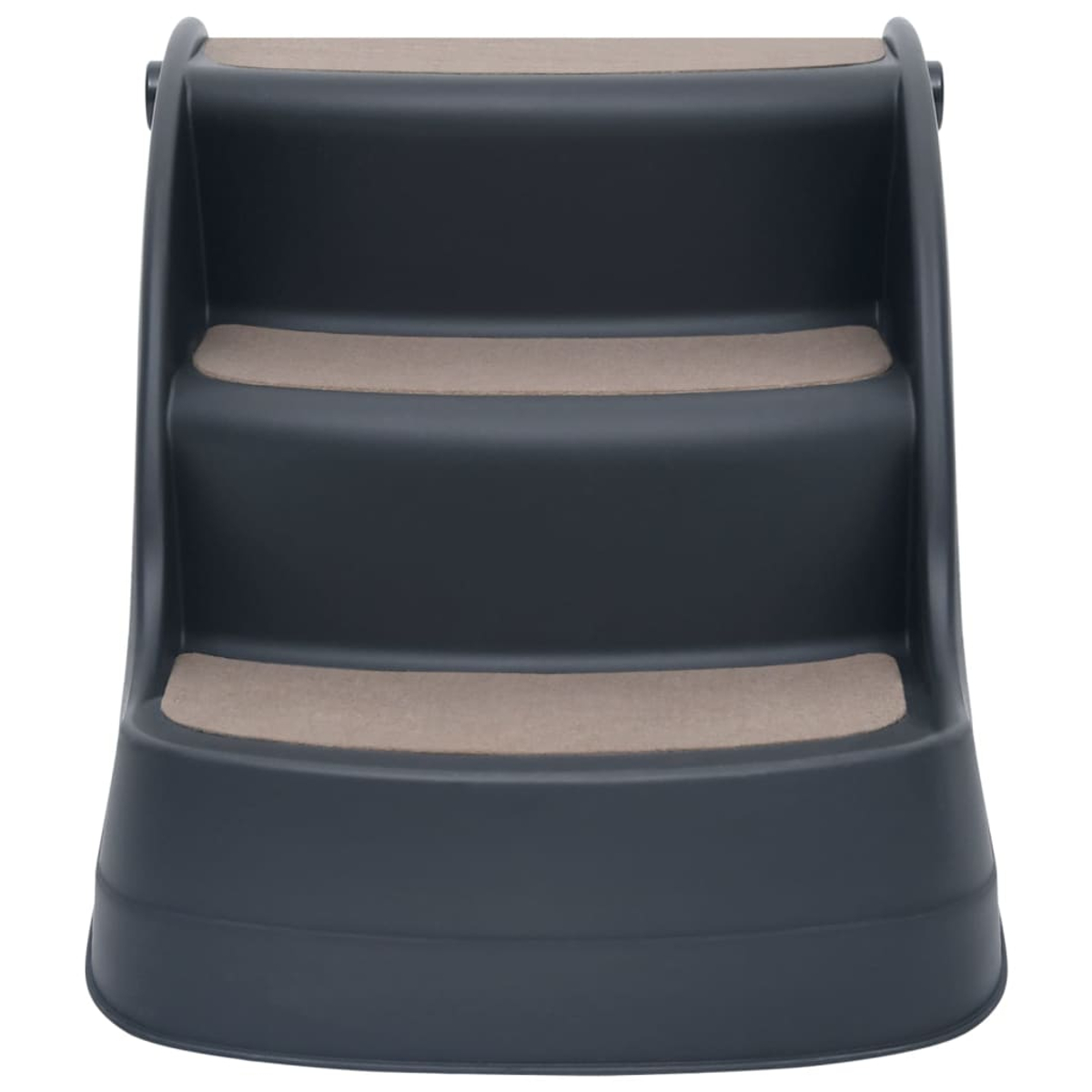 Un escalón gris oscuro para mascotas con tres escalones beige. La estructura es redondeada, con un asa en la parte superior.