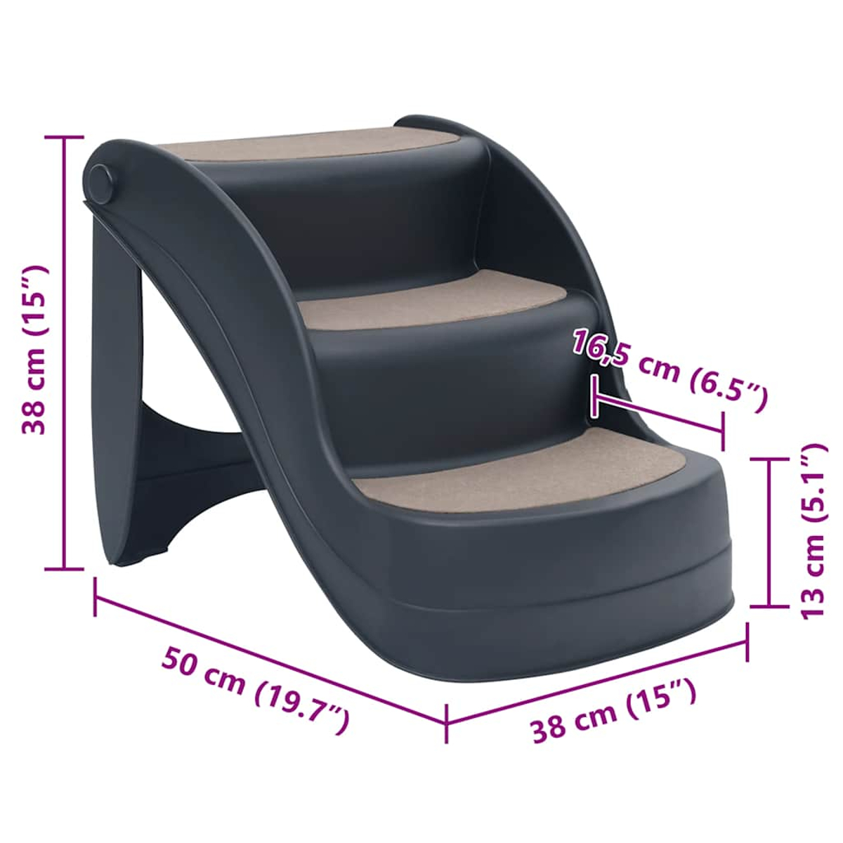 Un escalón para mascotas gris oscuro con tres escalones. Los escalones tienen almohadillas marrón claro. Dimensiones del producto visibles.