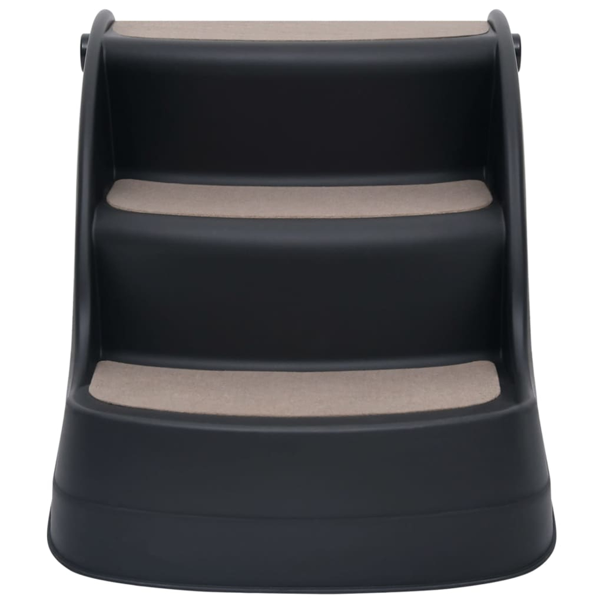 Eine schwarze Haustier-Treppe mit drei Stufen, jede mit einer beigen Stufe. Die Stufen sind gebogen und die Seiten sind massiv.
