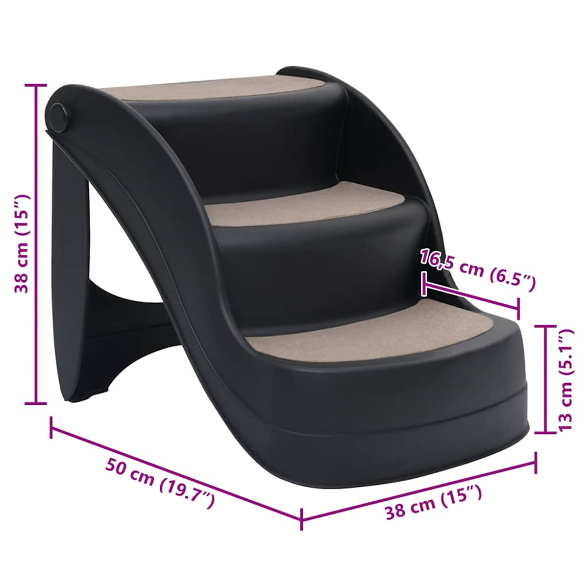 Schwarze Haustiertreppe mit drei Stufen, beigen Trittflächen und Maßangaben in cm und Zoll.
