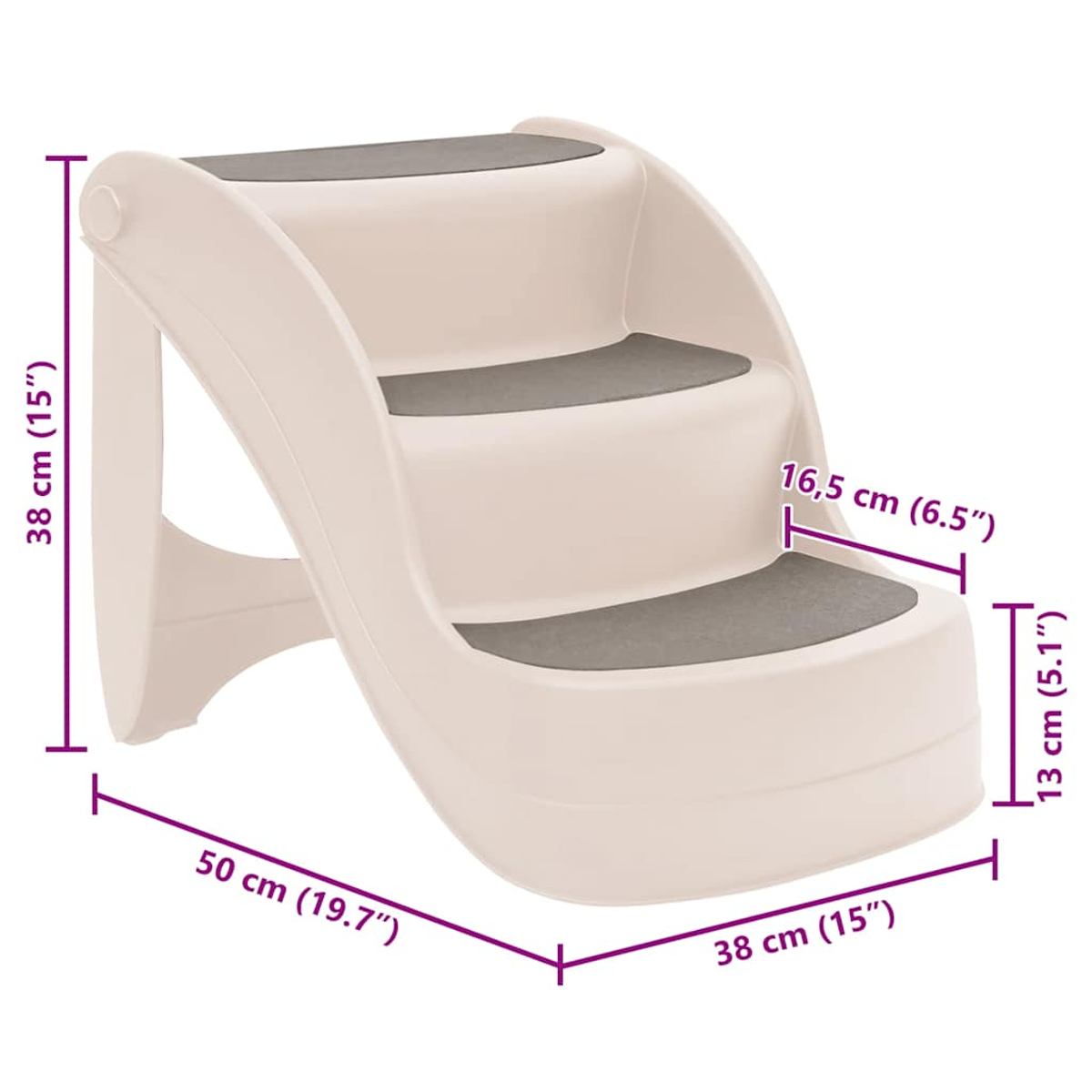 Eine beige Haustiertreppe mit drei Stufen. Jede Stufe hat eine graue, rutschfeste Oberfläche. Abmessungen sind in cm und Zoll angegeben.
