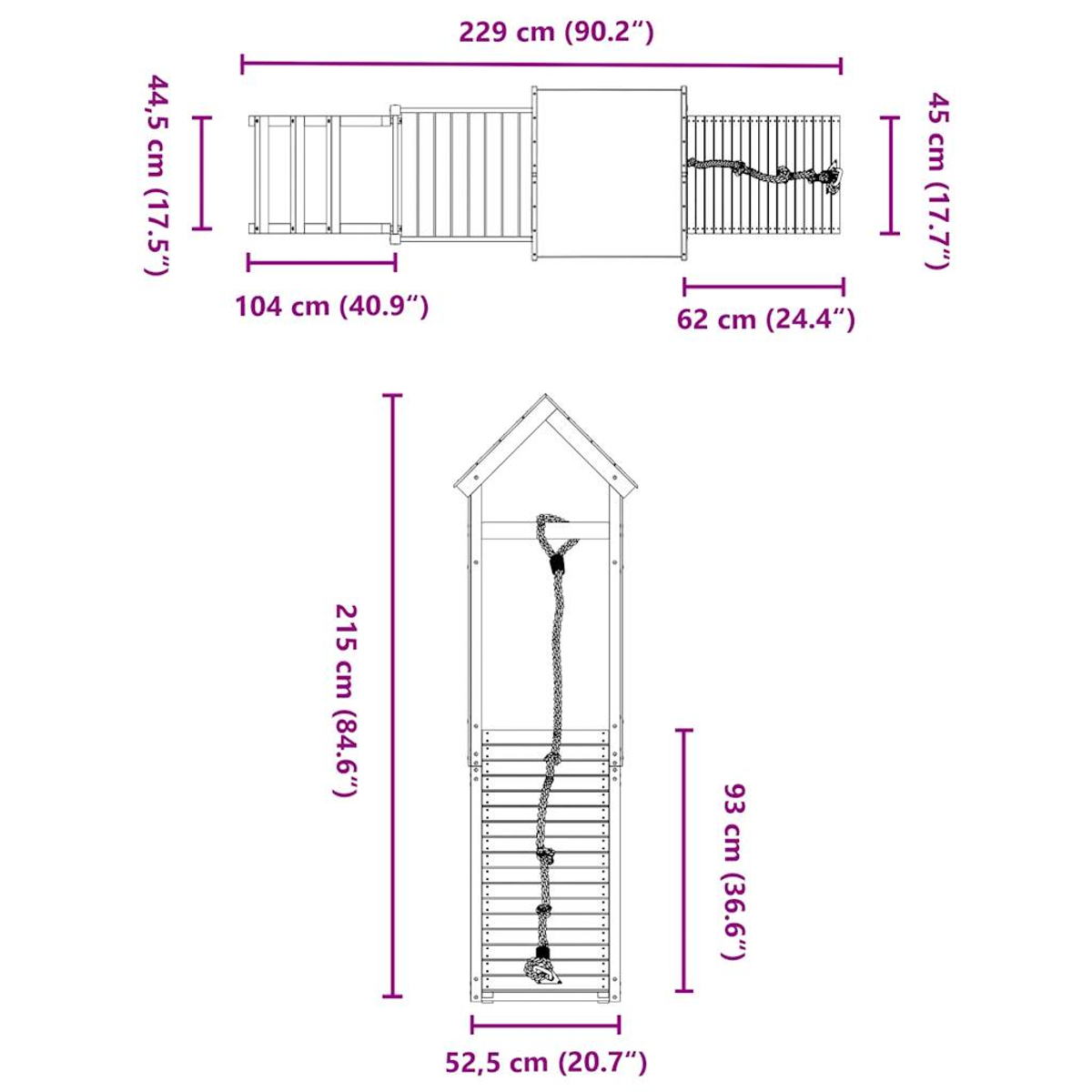 Diagramm eines Spielplatzes. Es umfasst eine Rutsche, eine Kletterstruktur und eine Strickleiter. Maße sind in cm und Zoll angegeben.