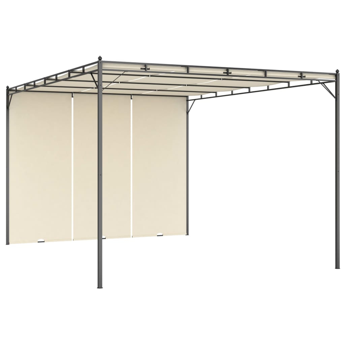 Ein beigefarbener und dunkelgrauer Metallpavillon steht vor einem weißen Hintergrund. Er hat Vorhänge und ein rechteckiges Oberteil.