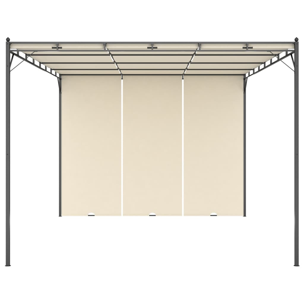 Eine beigefarbene Pergola mit drei vertikalen Paneelen. Der Rahmen ist dunkelgrau. Der Hintergrund ist weiß.