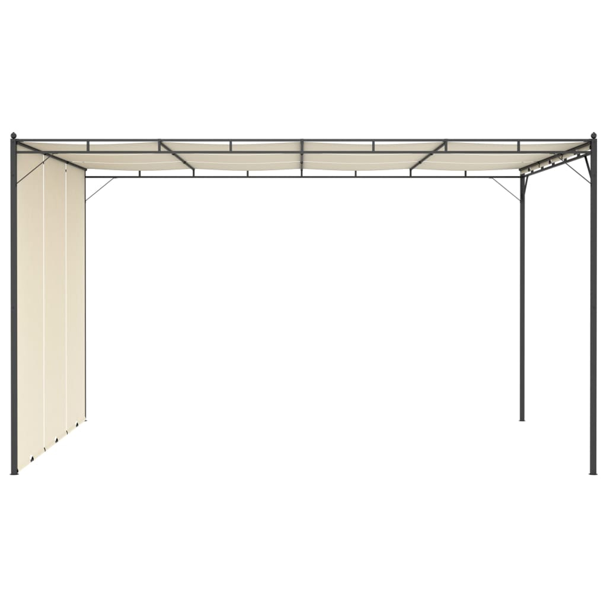 Eine Metallpergola mit beigem Baldachin und Seitenvorhängen. Die Struktur ist schwarz, vor weißem Hintergrund.