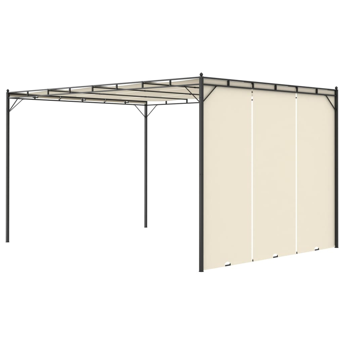 Eine beige und schwarze Pergola mit Stoffbahnen. Metallrahmen mit Baldachin. Drei Paneele auf der rechten Seite.