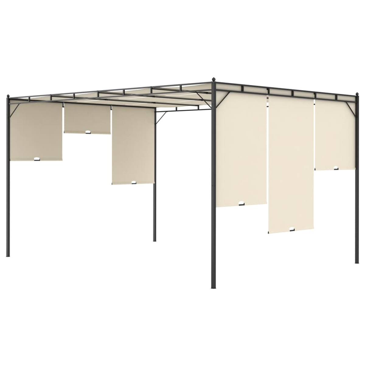 Eine Metallpergola mit beigen Vorhängen. Das Gestell ist dunkel, mit vier Pfosten. Vorhänge hängen von oben.
