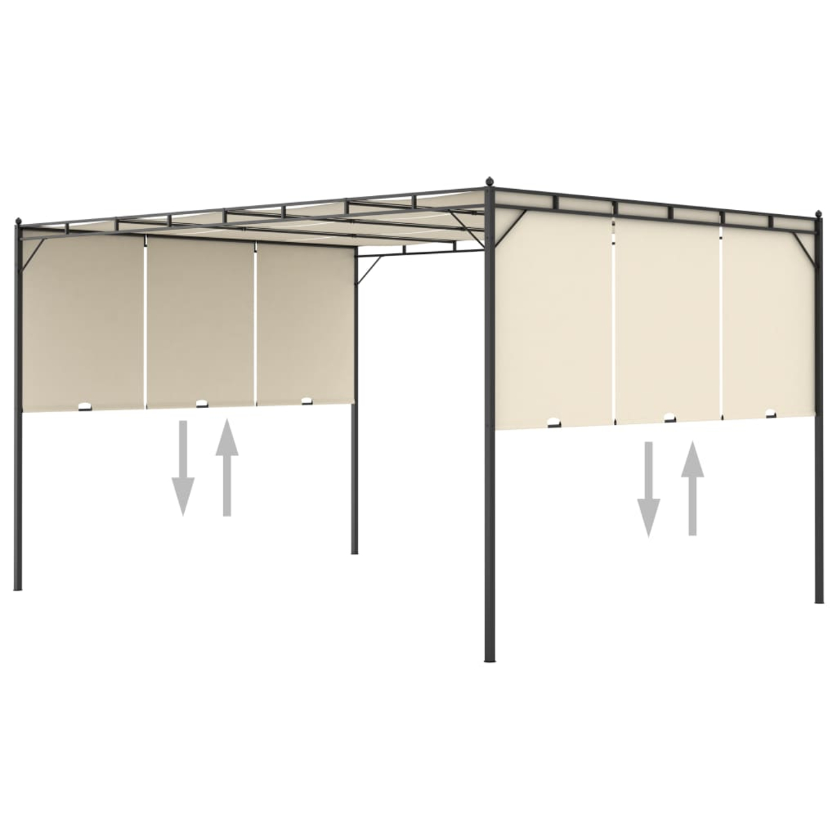 Eine beige Outdoor-Pergola mit schwarzem Rahmen. Beige Paneele sind teilweise geöffnet, angezeigt durch Pfeile.