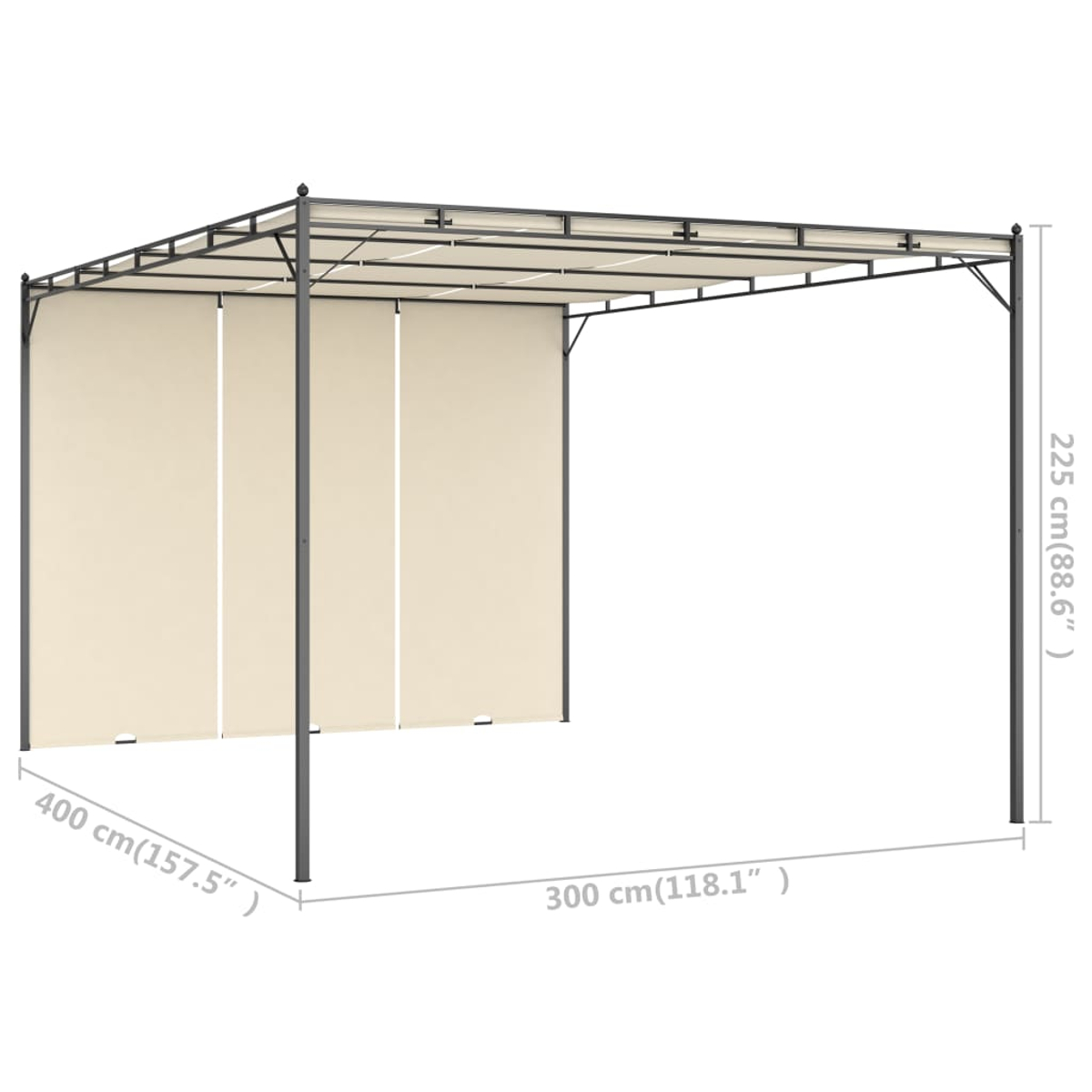 Eine beige-graue Outdoor-Pergola mit in Zentimetern und Zoll beschrifteten Abmessungen. Sie hat Vorhänge und steht auf weißem Hintergrund.