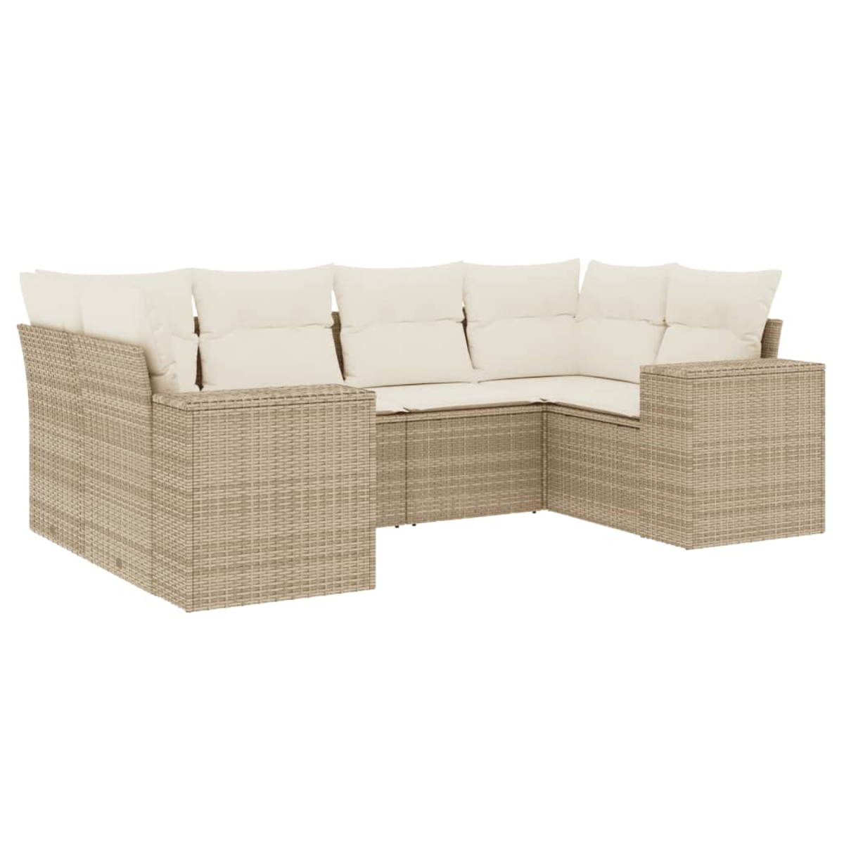 Beiges Outdoor-Ecksofa aus Korbgeflecht mit cremefarbenen Kissen. Das Sofa hat eine U-Form, ideal für Terrasse oder Garten.