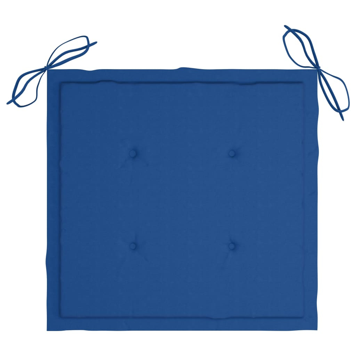 Ein blaues Kissen mit vier Knöpfen und zwei Bindebändern an den Ecken. Das Kissen ist quadratisch und hat ein gestepptes Design.